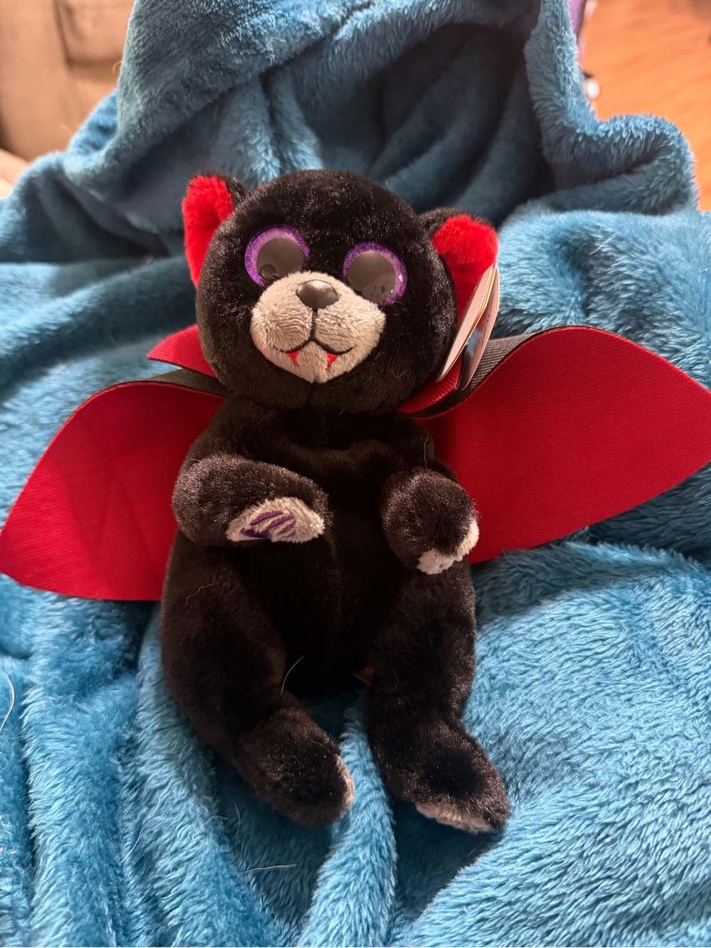 Ty Black Plush Bearla Bat with Red Wings and Purple Eyes